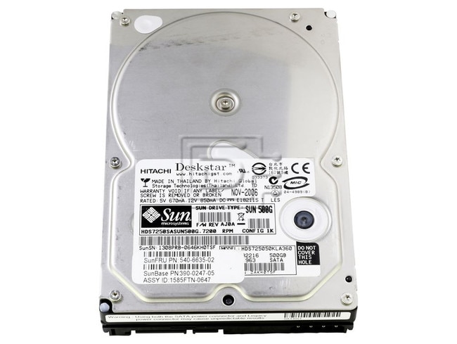 HGST 0A32216 HDS7250SASUN500G 390-0247-05 540-6635-02 Hitachi SATA 3.5" Hard Drive Image 1 image
