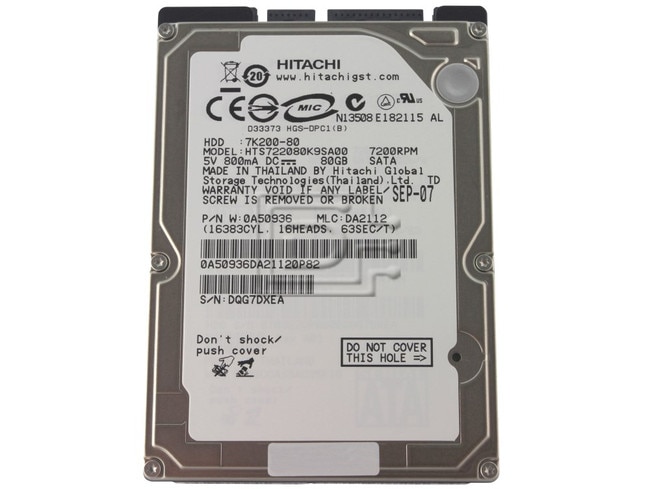 Hitachi 0A50936 HTS722080K9SA00 Laptop SATA 2.5" Hard Drive image 1