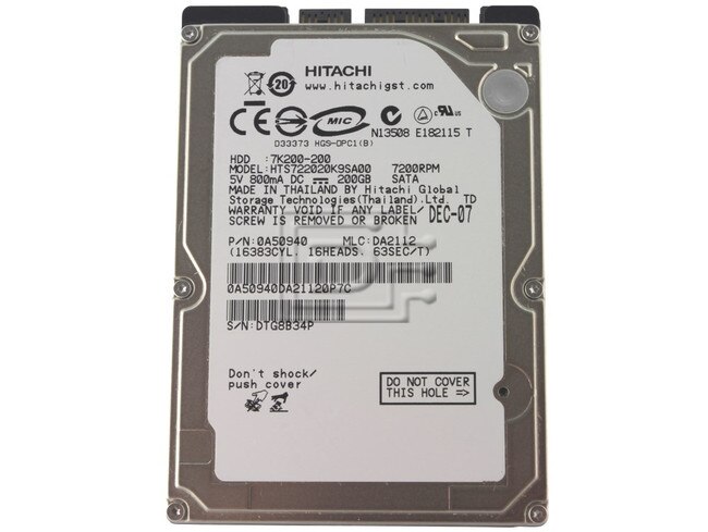 Hitachi 0A50940 HTS722020K9SA00 Laptop SATA 2.5" Hard Drive image 1