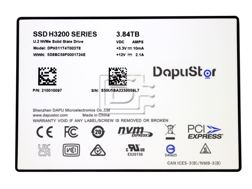 DapuStor DPH311T4T003T8 210010097 NJYTG 3.84TB PCIe Gen 3x4 U.2 NVMe Solid State Drive SSD Image 2 image