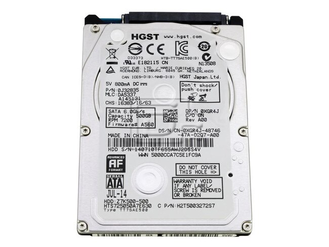 HGST HTS725050A7E630 0J32835 XGR4J 0XGR4J 500GB 2.5" Laptop SATA Hard Drive Image 1 image