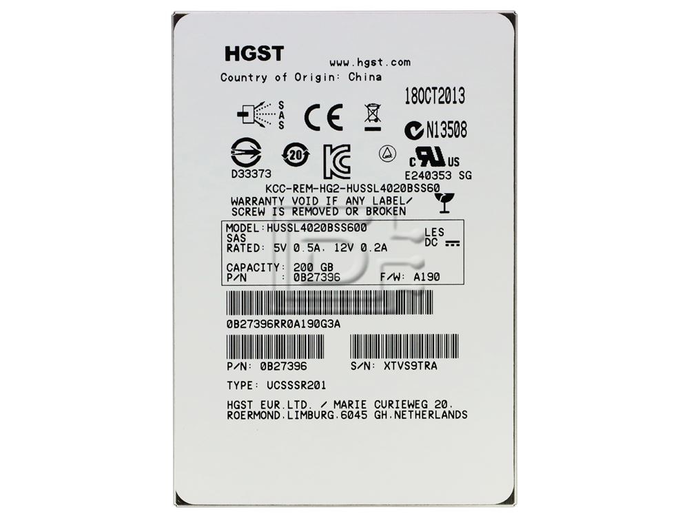 HGST HUSSL4020BSS600 0B27396 Hitachi 200GB SAS SSD SLC Drive Image 1 image