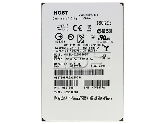 HGST HUSSL4020BSS600 0B27396 Hitachi 200GB SAS SSD SLC Drive Image 1 image