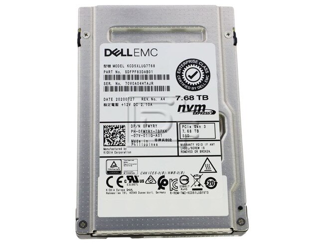 Toshiba KCD5XLUG7T68 FWYRY 0FWYRY EMC 7.68TB U.2 Read Intensive SSD PCIe NVMe Image 1 image