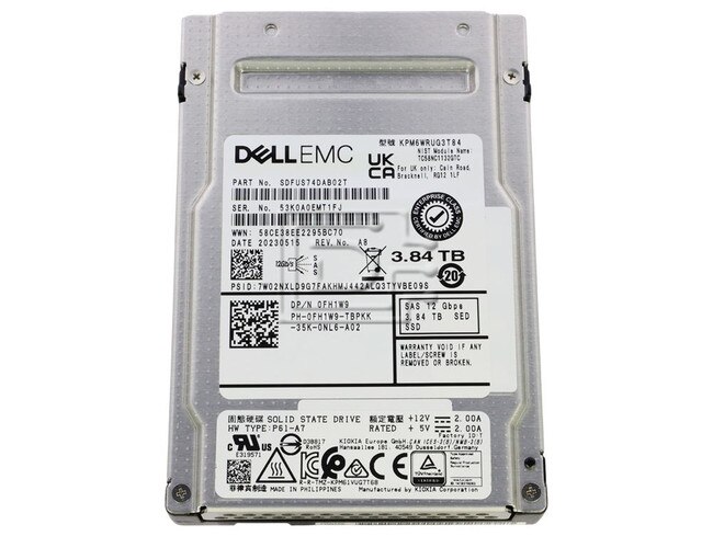 Dell FH1W9 0FH1W9 KPM6WRUG3T84 SDFUS74DAB02T 3.84TB SAS SED FIPS SSD Image 1 image