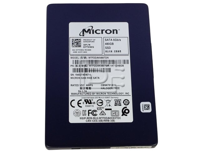 Micron MTFDDAK480TDN-1AT16ABYY 7TXWG 07TXWG MTFDDAK480TDN-1AT16AB MTFDDAK480TDN-1AT1ZAB Micron 5200 Max 480GB SATA Solid State Drive Image 1 image