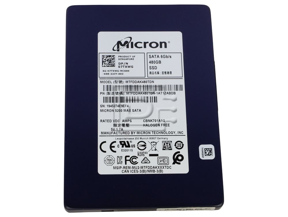Micron MTFDDAK480TDN-1AT1ZABDB 7TXWG 07TXWG Micron 5200 Max 480GB SATA Solid State Drive Image 1 image