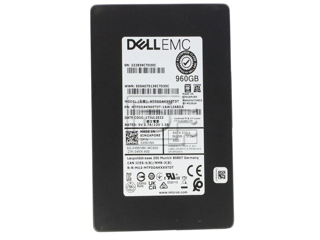 Micron MTFDDAK960TDT XMWMK 0XMWMK MTFDDAK960TDT-1AW1ZABDA 960GB 2.5 SSD SATA Image 1 image