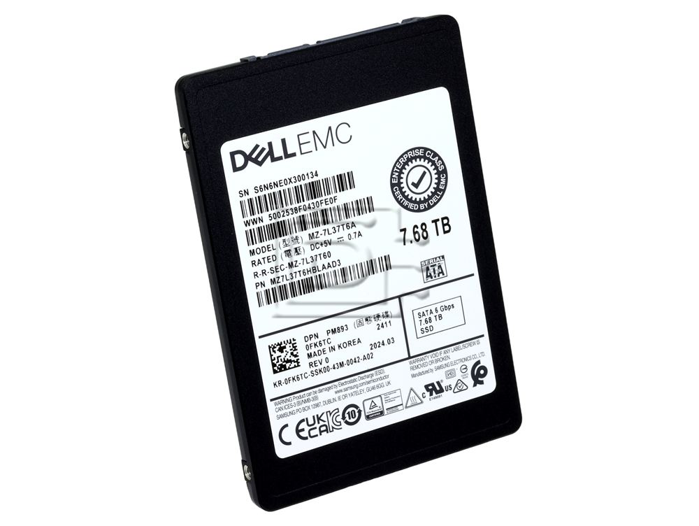 Dell FK6TC Samsung PM893 MZ-7L37T6A 7.68TB SATA SSD Read Intensive 2.5" 6Gbps For EMC DSS MZ7L37T6HBLAAD3