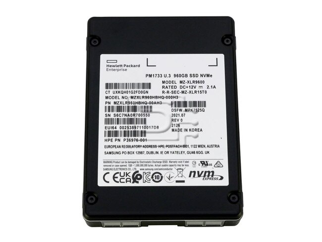 SAMSUNG MZ-XLR9600 PM1733 MZXLR960HBHQ-00AH3 MZXLR960HBHQ-000H3 P36976-001 PCIe NVMe Solid State Drive image 1