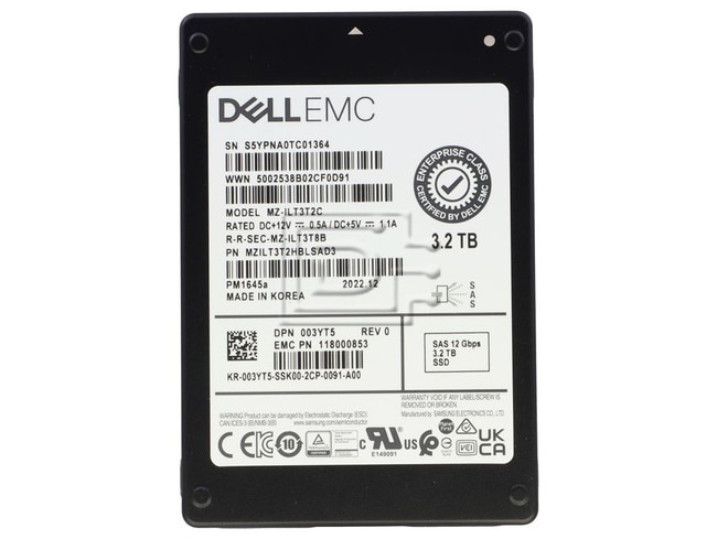 SAMSUNG MZILT3T2HBLSAD3 003YT5 03YT5 3.2TB SAS MIxed Use SSD Image 1 image