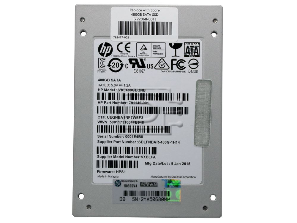 SANDISK SDLFODAR-480G VK0480GEQNB 792368-001 792243-001 791146-001 SDLFNDAR-480-1H14 SDLFNDAR-480 SATA Solid State Drive Image 2 image