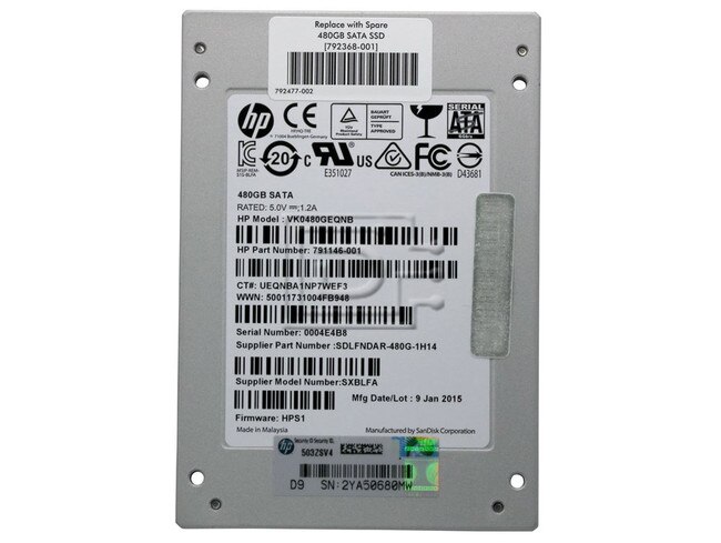 SANDISK SDLFODAR-480G VK0480GEQNB 792368-001 792243-001 791146-001 SDLFNDAR-480-1H14 SDLFNDAR-480 SATA Solid State Drive Image 2 image