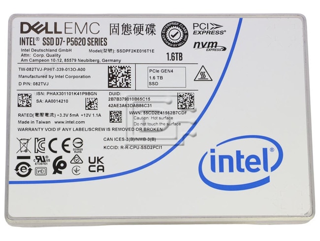INTEL SSDPF2KE016T1E 082TVJ 82TVJ PCIe 1.6TB NVMe Solid State Drive Image 1 image