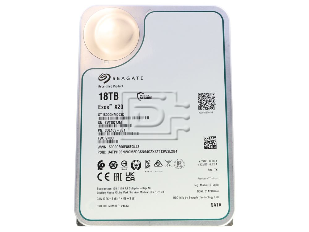 Seagate Exos X20 ST18000NM003D 18TB 7.2K RPM SATA 6Gb/s 3.5in hard