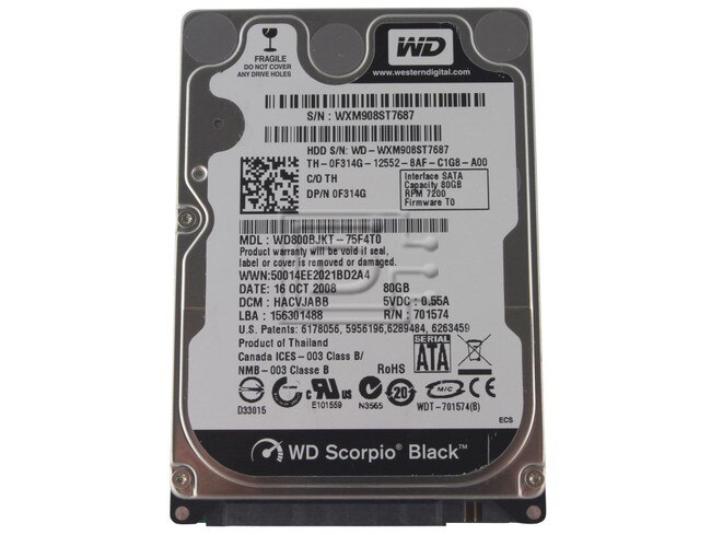 Western Digital WD800BJKT F314G 0F314G SATA Hard Drive 2.5" 320GB 7.2K 72000 RPM image 1