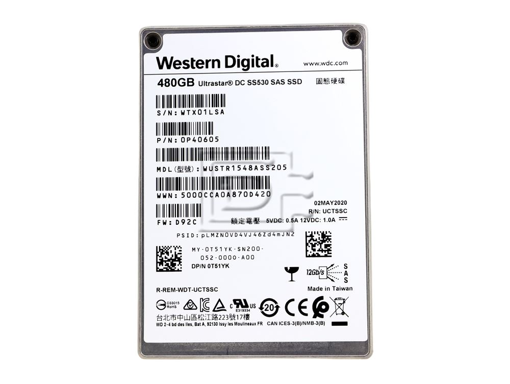 Western Digital WUSTR1548ASS205 T51YK 0T51YK 0P40605 480GB SAS SED TCG FIPS SSD Image 2 image